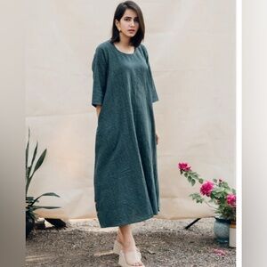 ETAR Lagan comfort handmade 100% cotton Kimon tunic dress green M/L